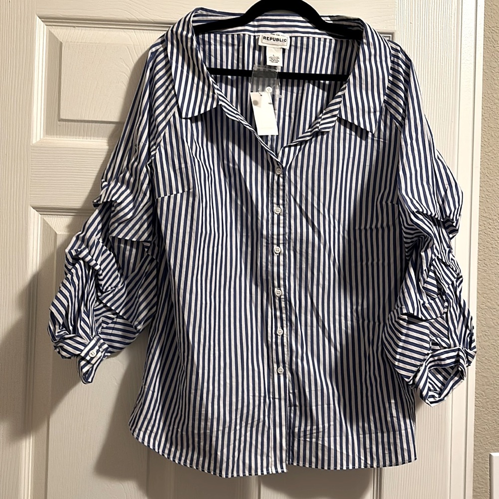 For the Republic blue/white pinstriped button down shirt ruched sleeves